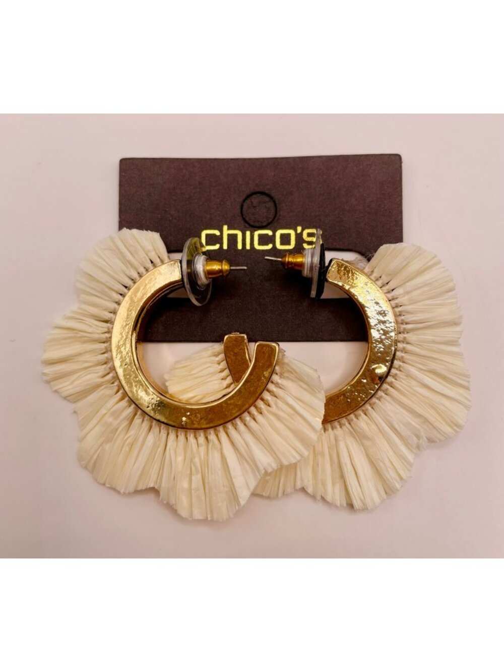 Chico's Gold-Tone Hoop Earrings Ivory Fringe Detail -60B